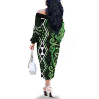 Green Aotearoa Family Matching Off The Shoulder Long Sleeve Dress and Hawaiian Shirt Taniko Motifs With Paua Shell Kowhaiwhai LT14 - Polynesian Pride