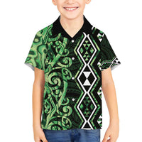 Green Aotearoa Family Matching Off Shoulder Maxi Dress and Hawaiian Shirt Taniko Motifs With Paua Shell Kowhaiwhai LT14 Son's Shirt Green - Polynesian Pride