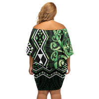 Green Aotearoa Family Matching Off Shoulder Short Dress and Hawaiian Shirt Taniko Motifs With Paua Shell Kowhaiwhai LT14 - Polynesian Pride