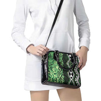 Green Aotearoa Shoulder Handbag Taniko Motifs With Paua Shell Kowhaiwhai