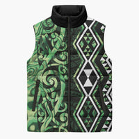 Green Aotearoa Sleeveless Puffer Jacket Taniko Motifs With Paua Shell Kowhaiwhai - Polynesian Pride