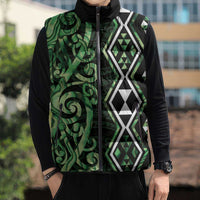Green Aotearoa Sleeveless Puffer Jacket Taniko Motifs With Paua Shell Kowhaiwhai - Polynesian Pride