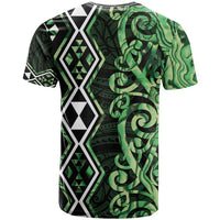 Green Aotearoa T Shirt Taniko Motifs With Paua Shell Kowhaiwhai