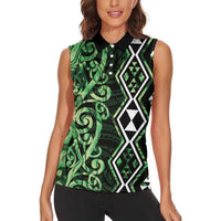 Green Aotearoa Women Sleeveless Polo Shirt Taniko Motifs With Paua Shell Kowhaiwhai