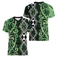 Green Aotearoa Women V-Neck T-Shirt Taniko Motifs With Paua Shell Kowhaiwhai