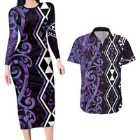 Purple Aotearoa Couples Matching Long Sleeve Bodycon Dress and Hawaiian Shirt Taniko Motifs With Paua Shell Kowhaiwhai LT14 Purple - Polynesian Pride