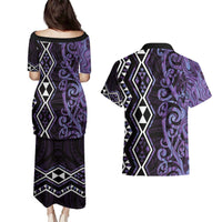 Purple Aotearoa Couples Matching Puletasi and Hawaiian Shirt Taniko Motifs With Paua Shell Kowhaiwhai