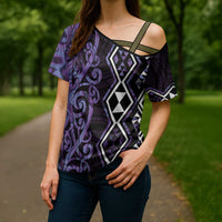 Purple Aotearoa Cross Shoulder Shirt Taniko Motifs With Paua Shell Kowhaiwhai - Polynesian Pride