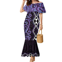 Purple Aotearoa Family Matching Mermaid Dress and Hawaiian Shirt Taniko Motifs With Paua Shell Kowhaiwhai LT14 Mom's Dress Purple - Polynesian Pride