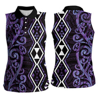 Purple Aotearoa Women Sleeveless Polo Shirt Taniko Motifs With Paua Shell Kowhaiwhai
