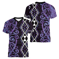 Purple Aotearoa Women V-Neck T-Shirt Taniko Motifs With Paua Shell Kowhaiwhai