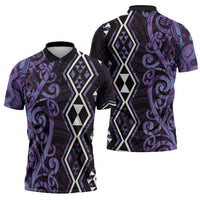 Purple Aotearoa Zipper Polo Shirt Taniko Motifs With Paua Shell Kowhaiwhai - Polynesian Pride