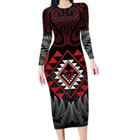 Aotearoa Kiwi Taniko Family Matching Long Sleeve Bodycon Dress and Hawaiian Shirt Silver Fern With Maori Koru Pattern LT14 Mom's Dress Red - Polynesian Pride