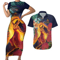 Hawaii Kilauea Big Islands Couples Matching Short Sleeve Bodycon Dress and Hawaiian Shirt Pele Goddess With Tropical Flowers LT14 Art - Polynesian Pride