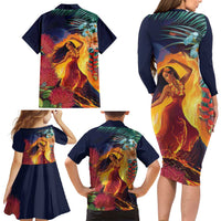 Hawaii Kilauea Big Islands Family Matching Long Sleeve Bodycon Dress and Hawaiian Shirt Pele Goddess With Tropical Flowers LT14 - Polynesian Pride