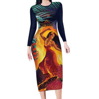 Hawaii Kilauea Big Islands Family Matching Long Sleeve Bodycon Dress and Hawaiian Shirt Pele Goddess With Tropical Flowers LT14 Mom's Dress Art - Polynesian Pride