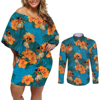Hawaii Luau Party Couples Matching Off Shoulder Short Dress and Long Sleeve Button Shirt Dancing Girl Tropical Flowers LT14 Blue - Polynesian Pride