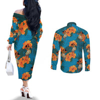 Hawaii Luau Party Couples Matching Off The Shoulder Long Sleeve Dress and Long Sleeve Button Shirt Dancing Girl Tropical Flowers LT14 - Polynesian Pride