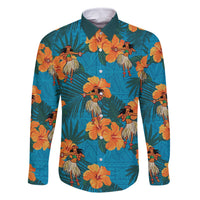Hawaii Luau Party Family Matching Off Shoulder Short Dress and Hawaiian Shirt Dancing Girl Tropical Flowers LT14 Dad's Shirt - Long Sleeve Blue - Polynesian Pride