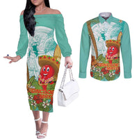 Hawaii Cinco de Mayo Couples Matching Off The Shoulder Long Sleeve Dress and Long Sleeve Button Shirt Chili Pepper Hula Girl Tropical Vibes LT14 Turquoise - Polynesian Pride