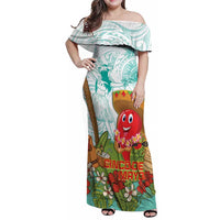 Hawaii Cinco de Mayo Family Matching Off Shoulder Maxi Dress and Hawaiian Shirt Chili Pepper Hula Girl Tropical Vibes LT14 Mom's Dress Turquoise - Polynesian Pride