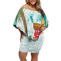 Hawaii Cinco de Mayo Family Matching Off Shoulder Short Dress and Hawaiian Shirt Chili Pepper Hula Girl Tropical Vibes LT14 Mom's Dress Turquoise - Polynesian Pride