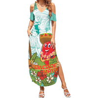 Hawaii Cinco de Mayo Family Matching Summer Maxi Dress and Hawaiian Shirt Chili Pepper Hula Girl Tropical Vibes LT14 Mom's Dress Turquoise - Polynesian Pride