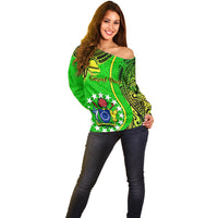 Personalised Cook Islands Off Shoulder Sweater Mangaia Gospel Day Green Version LT14 - Polynesian Pride