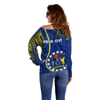 Personalised Cook Islands Off Shoulder Sweater Mangaia Gospel Day Blue Version LT14 - Polynesian Pride