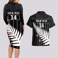 Custom New Zealand Silver Fern Cricket Couples Matching Long Sleeve Bodycon Dress and Hawaiian Shirt Aotearoa Maori Go Black Cap LT14 - Polynesian Pride