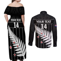 Custom New Zealand Silver Fern Cricket Couples Matching Off Shoulder Maxi Dress and Long Sleeve Button Shirt Aotearoa Maori Go Black Cap LT14 - Polynesian Pride