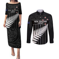 Custom New Zealand Silver Fern Cricket Couples Matching Puletasi and Long Sleeve Button Shirt Aotearoa Maori Go Black Cap LT14 Black - Polynesian Pride