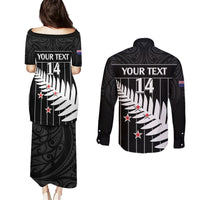 Custom New Zealand Silver Fern Cricket Couples Matching Puletasi and Long Sleeve Button Shirt Aotearoa Maori Go Black Cap LT14 - Polynesian Pride