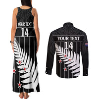 Custom New Zealand Silver Fern Cricket Couples Matching Tank Maxi Dress and Long Sleeve Button Shirt Aotearoa Maori Go Black Cap LT14 - Polynesian Pride