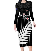 Custom New Zealand Silver Fern Cricket Family Matching Long Sleeve Bodycon Dress and Hawaiian Shirt Aotearoa Maori Go Black Cap LT14 Mom's Dress Black - Polynesian Pride