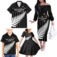 Custom New Zealand Silver Fern Cricket Family Matching Off The Shoulder Long Sleeve Dress and Hawaiian Shirt Aotearoa Maori Go Black Cap LT14 - Polynesian Pride