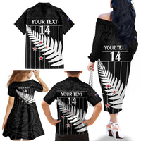 Custom New Zealand Silver Fern Cricket Family Matching Off The Shoulder Long Sleeve Dress and Hawaiian Shirt Aotearoa Maori Go Black Cap LT14 - Polynesian Pride