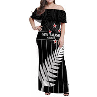 Custom New Zealand Silver Fern Cricket Family Matching Off Shoulder Maxi Dress and Hawaiian Shirt Aotearoa Maori Go Black Cap LT14 Mom's Dress Black - Polynesian Pride