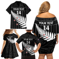 Custom New Zealand Silver Fern Cricket Family Matching Off Shoulder Short Dress and Hawaiian Shirt Aotearoa Maori Go Black Cap LT14 - Polynesian Pride