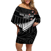 Custom New Zealand Silver Fern Cricket Family Matching Off Shoulder Short Dress and Hawaiian Shirt Aotearoa Maori Go Black Cap LT14 Mom's Dress Black - Polynesian Pride
