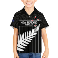 Custom New Zealand Silver Fern Cricket Family Matching Off Shoulder Short Dress and Hawaiian Shirt Aotearoa Maori Go Black Cap LT14 Son's Shirt Black - Polynesian Pride