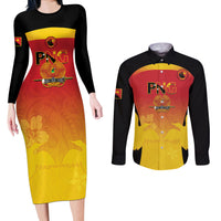 Custom Papua New Guinea Cricket Couples Matching Long Sleeve Bodycon Dress and Long Sleeve Button Shirt 2024 Go PNG LT14 Black - Polynesian Pride