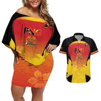 Custom Papua New Guinea Cricket Couples Matching Off Shoulder Short Dress and Hawaiian Shirt 2024 Go PNG LT14 Black - Polynesian Pride