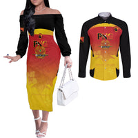 Custom Papua New Guinea Cricket Couples Matching Off The Shoulder Long Sleeve Dress and Long Sleeve Button Shirt 2024 Go PNG LT14 Black - Polynesian Pride