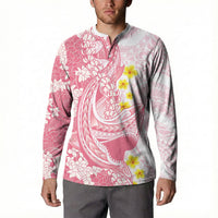 Pink Hawaii Shark Tattoo Button Sweatshirt Puakenikeni Lei Plumeria Polynesian Pattern