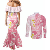 Pink Hawaii Shark Tattoo Couples Matching Mermaid Dress and Long Sleeve Button Shirt Puakenikeni Lei Plumeria Polynesian Pattern
