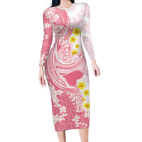 Pink Hawaii Shark Tattoo Family Matching Long Sleeve Bodycon Dress and Hawaiian Shirt Puakenikeni Lei Plumeria Polynesian Pattern LT14 Mom's Dress Pink - Polynesian Pride