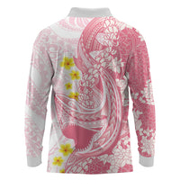Pink Hawaii Shark Tattoo Long Sleeve Polo Shirt Puakenikeni Lei Plumeria Polynesian Pattern
