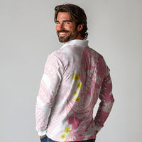 Pink Hawaii Shark Tattoo Long Sleeve Polo Shirt Puakenikeni Lei Plumeria Polynesian Pattern