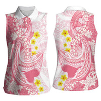 Pink Hawaii Shark Tattoo Women Sleeveless Polo Shirt Puakenikeni Lei Plumeria Polynesian Pattern